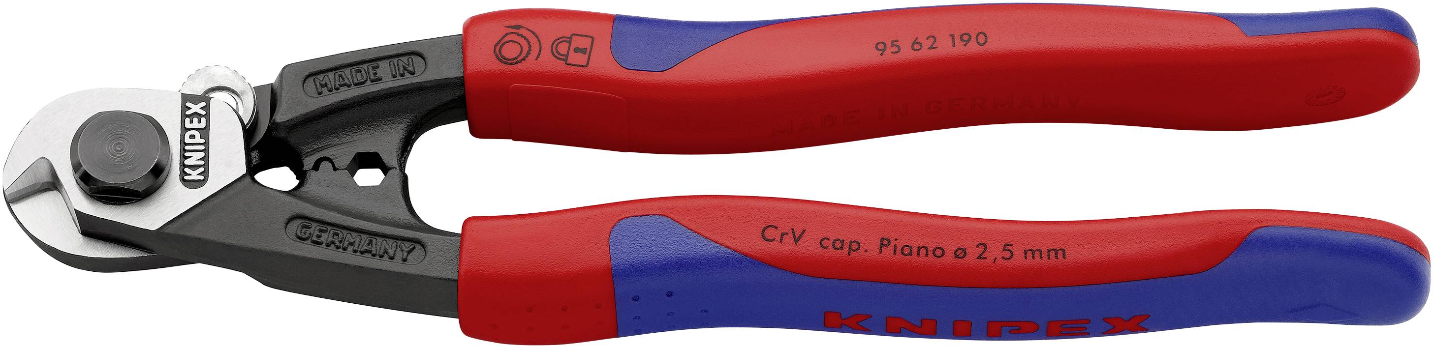Bočné štiepacie kliešte so červenými a modrými rukoväťami, značka 'KNIPEX', vhodné na strihanie drôtu do priemeru 2,5 mm.