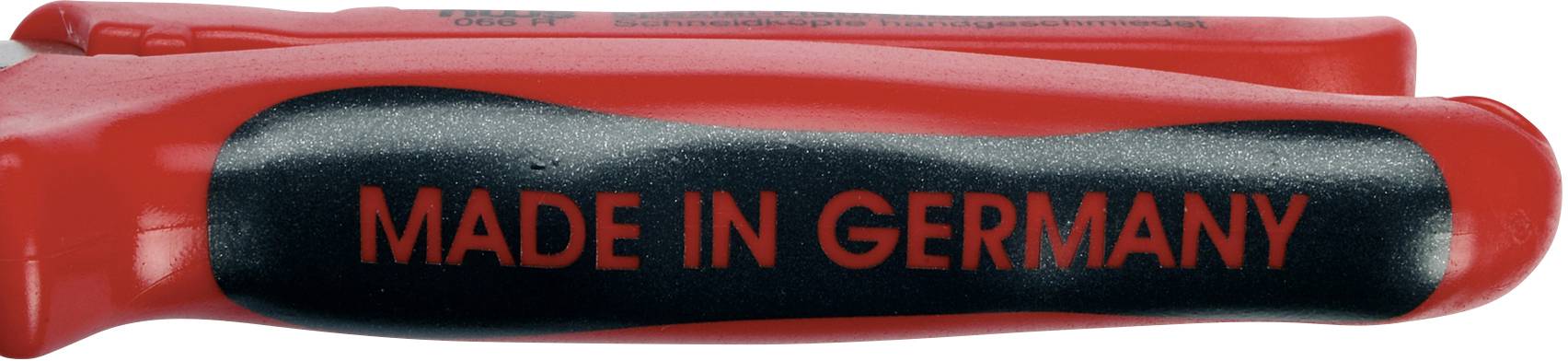 Rukoväť nástroja s nápisom 'MADE IN GERMANY' červenými písmenami na čiernom pozadí.