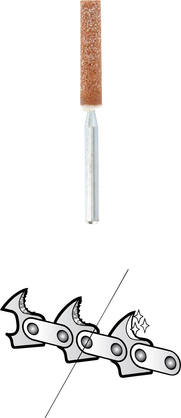 'Brúsny kolík a článok reťaze s iskrami'; znázorňuje použitie brúsneho kolíka na naostrovanie pílovej reťaze.