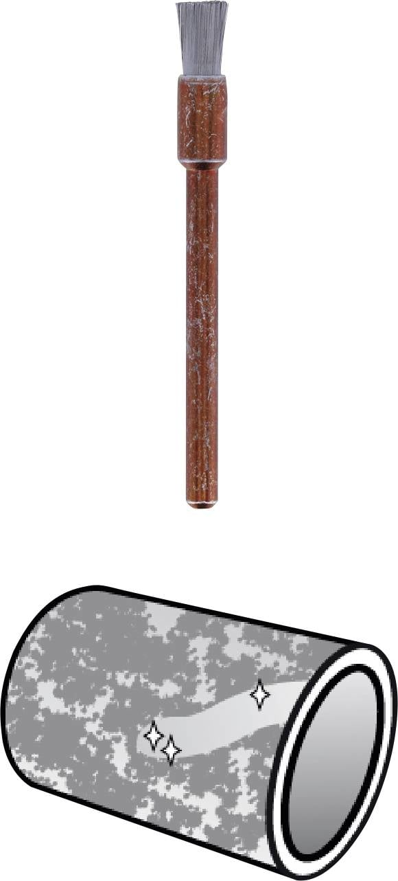 'Štetec a lesklá kovová trubka, ktorá odhaľuje svoju čistú povrch.'