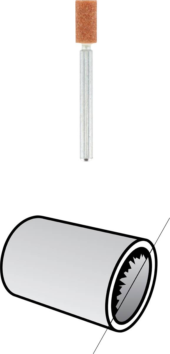 Znázornenie brúsneho hrotu s valcovitou stopkou a brúsnou objímkou vedľa neho. Slúži na úpravu povrchov.