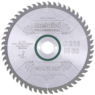 'Pílový list s označením: Metabo Professional, priemer 216 mm, 60 zubov, max. otáčky 7000 ot./min. Multi Cut, Vyrobené v Nemecku.'