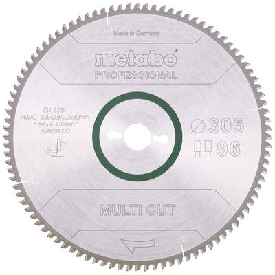 Kotúč na pílu s nápisom 'metabo Professional', priemer 305 mm, 96 zubov, označenie 'Multi Cut'. Vyrobené v Nemecku.