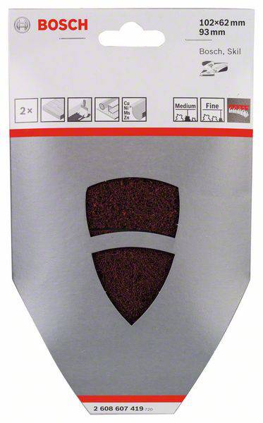 Obal na brúsne listy. Značka 'Bosch'. Rozmery 102x62 mm, 93 mm. Vhodné pre Bosch a Skil. Obsahuje dva brúsne listy, stredné a jemné zrno.