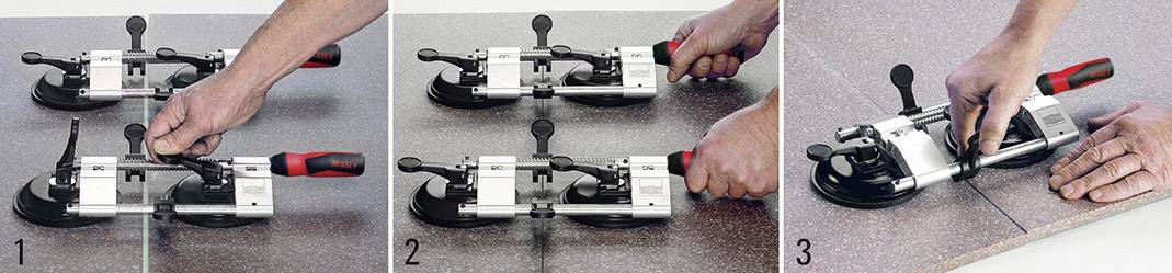 Tri obrázky ukazujú rezačku na obkladačky v použití. Obrázok 1: Nástroj sa nastavuje. Obrázok 2: Proces rezania. Obrázok 3: Obkladačka je rozdelená.