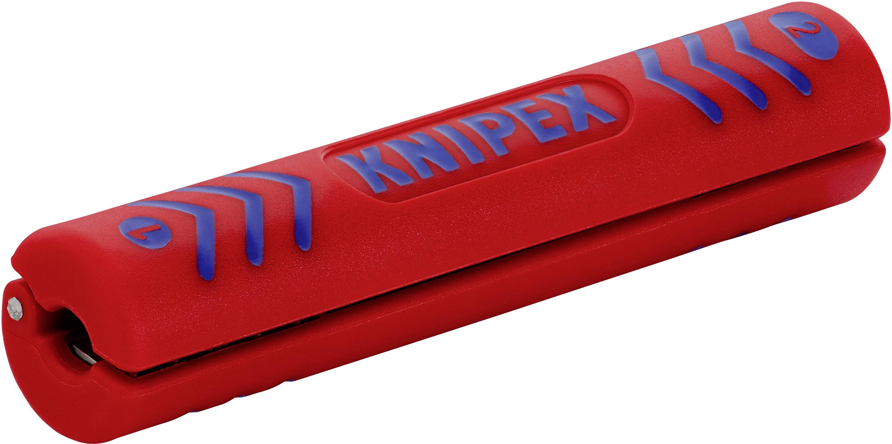 Červený odizolovač káblov značky Knipex s modrými značkami.