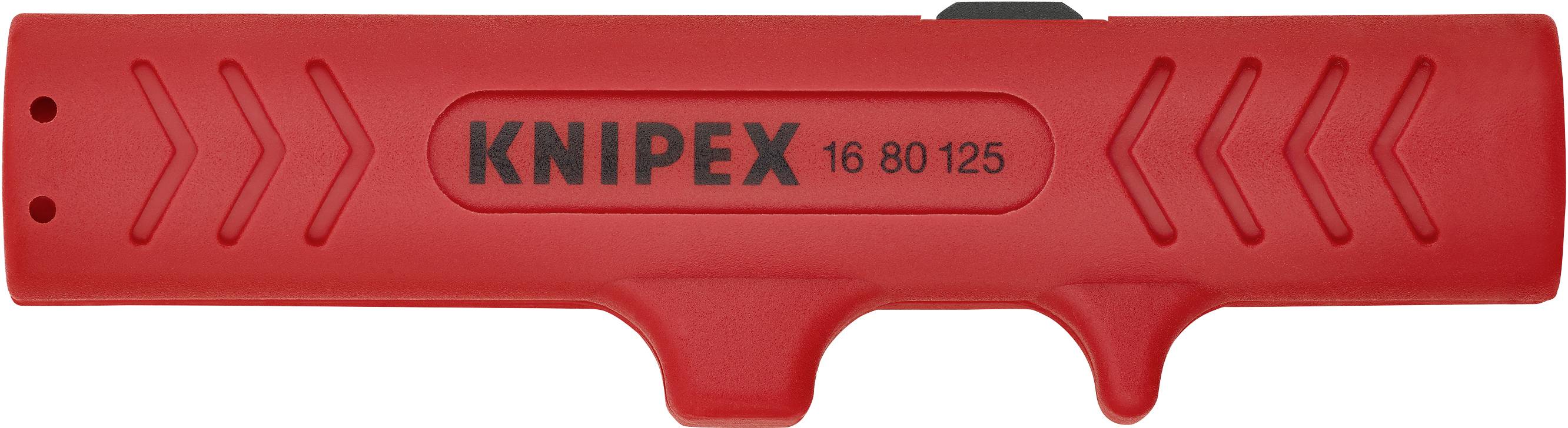 Červený nástroj na odizolovanie káblov od Knipexu s nápisom 'KNIPEX 16 80 125', vhodný na odstraňovanie izolácie z káblov rôznych priemerov.