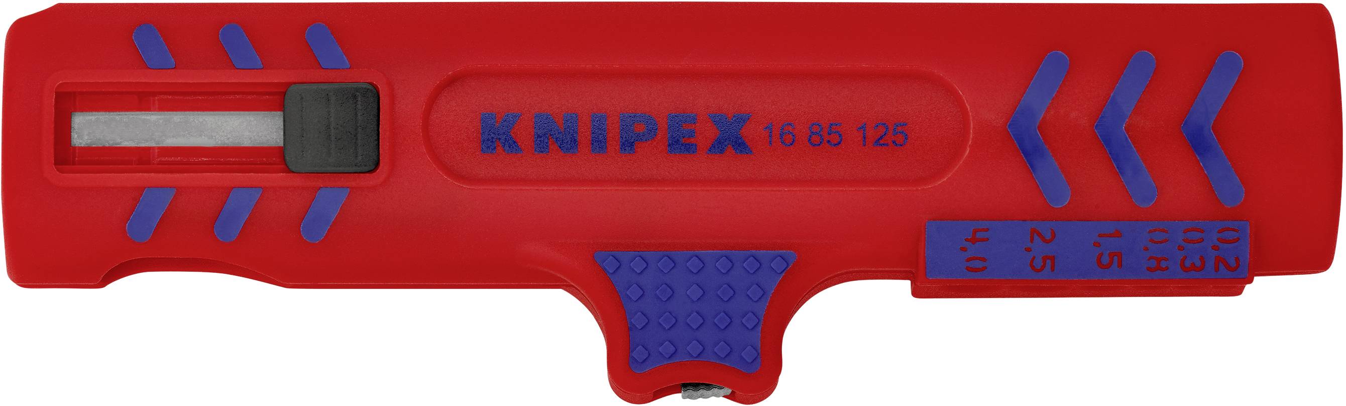 Červený káblovací štipací kliešte s modrými rukoväťami a čiernym nožom, značka 'Knipex', model '16 85 125'.