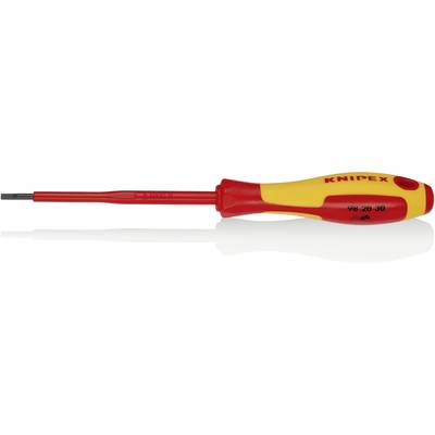 Žltočervený skrutkovač s izolovanou rukoväťou a plochou čepeľou, vhodný pre elektrické práce. Označenie 'KNIPEX'.