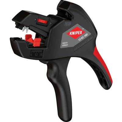 Čierny a červený odizolovací nástroj Knipex, model 12 62 180, vyrobený v Nemecku, s ergonomickou rukoväťou a funkciou nastavenia čepele.