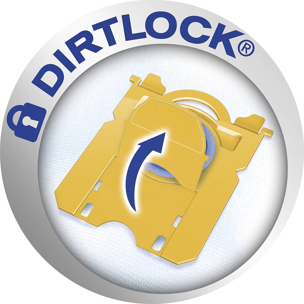 Žlté, okrúhle symbol so šípkou znázorňuje mechanizmus DIRTLOCK, ktorý ilustruje bezpečné uzamknutie.