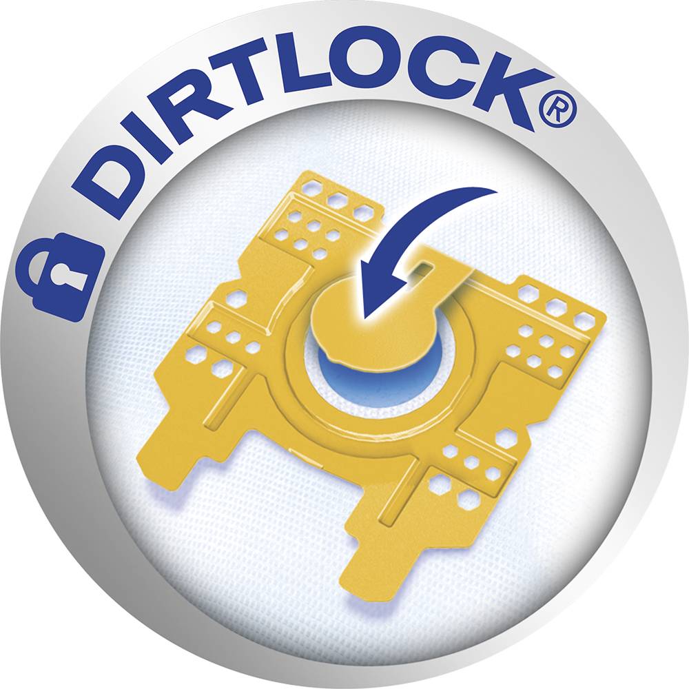 Guľovitý tlačidlo so sivým okrajom, logo 'DIRTLOCK®' hore. Žltý symbol uzamknutia v strede, modrý šípka smeruje naň.