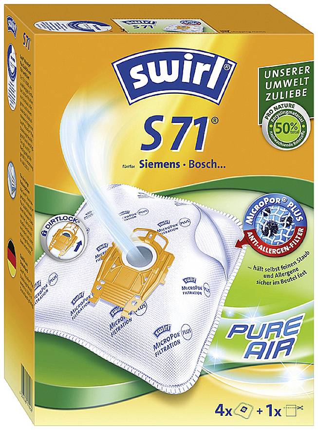 'Swirl S71 vysávačové vrecká pre Siemens/Bosch, 4 kusy. S protialergickou filtráciou. Environmentálne šetrný obal.'