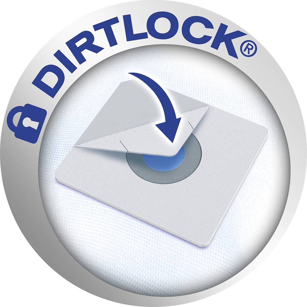 Na sivom kruhu je nápis 'Dirtlock' so symbolom zámku. V strede je štvorcový filter s odlepiteľnou nálepkou.