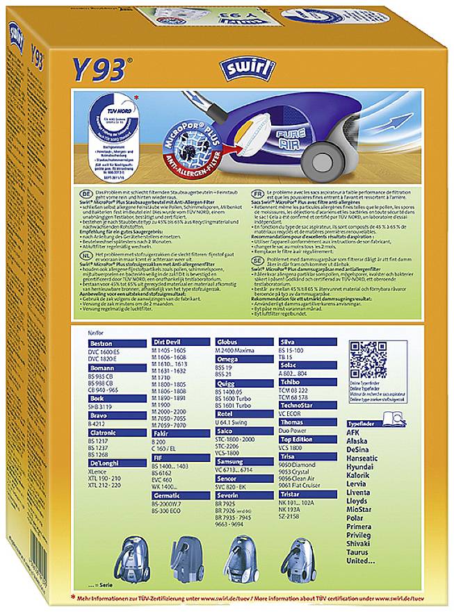Obal na vysávačové vrecká Swirl Y93 s podrobnými informáciami o produkte. Obsahuje charakteristiky filtra, ekologické informácie, kompatibilné modely a čiarové kódy.