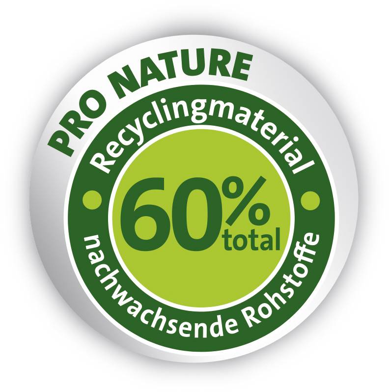 Kruhové logo s textom 'PRO NATURE Recyklovaný materiál 60% celkovo obnoviteľné suroviny' v odtieňoch zelené na bielom pozadí.