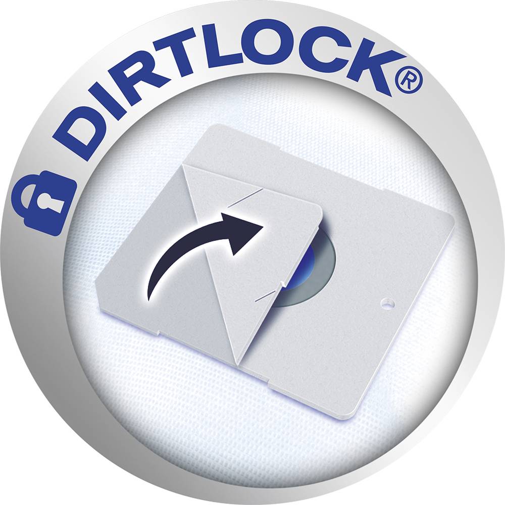 Logo 'DIRTLOCK' so šípkou ukazuje na otvárajúci sa štvorcový poklop, ktorý má bezpečne uzavrieť nečistoty.