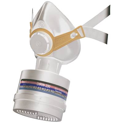 Respirátor v bielej farbe s filtračným vložením, žltými ventilmi a elastickými popruhmi. Vyrobený v Taliansku, model 'DIRIN 230'.