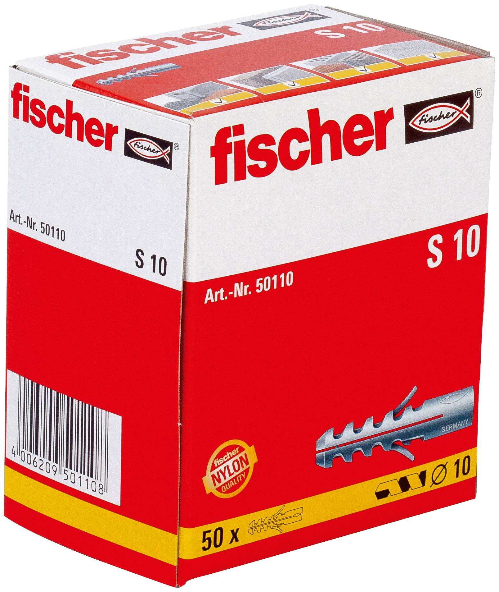 Produktová krabica pre Fischer S 10 nylonové kotvy do steny, označená Art.-Nr. 50110, 50 kusov.