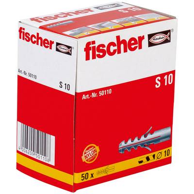 Produktová krabica pre Fischer S 10 nylonové kotvy do steny, označená Art.-Nr. 50110, 50 kusov.
