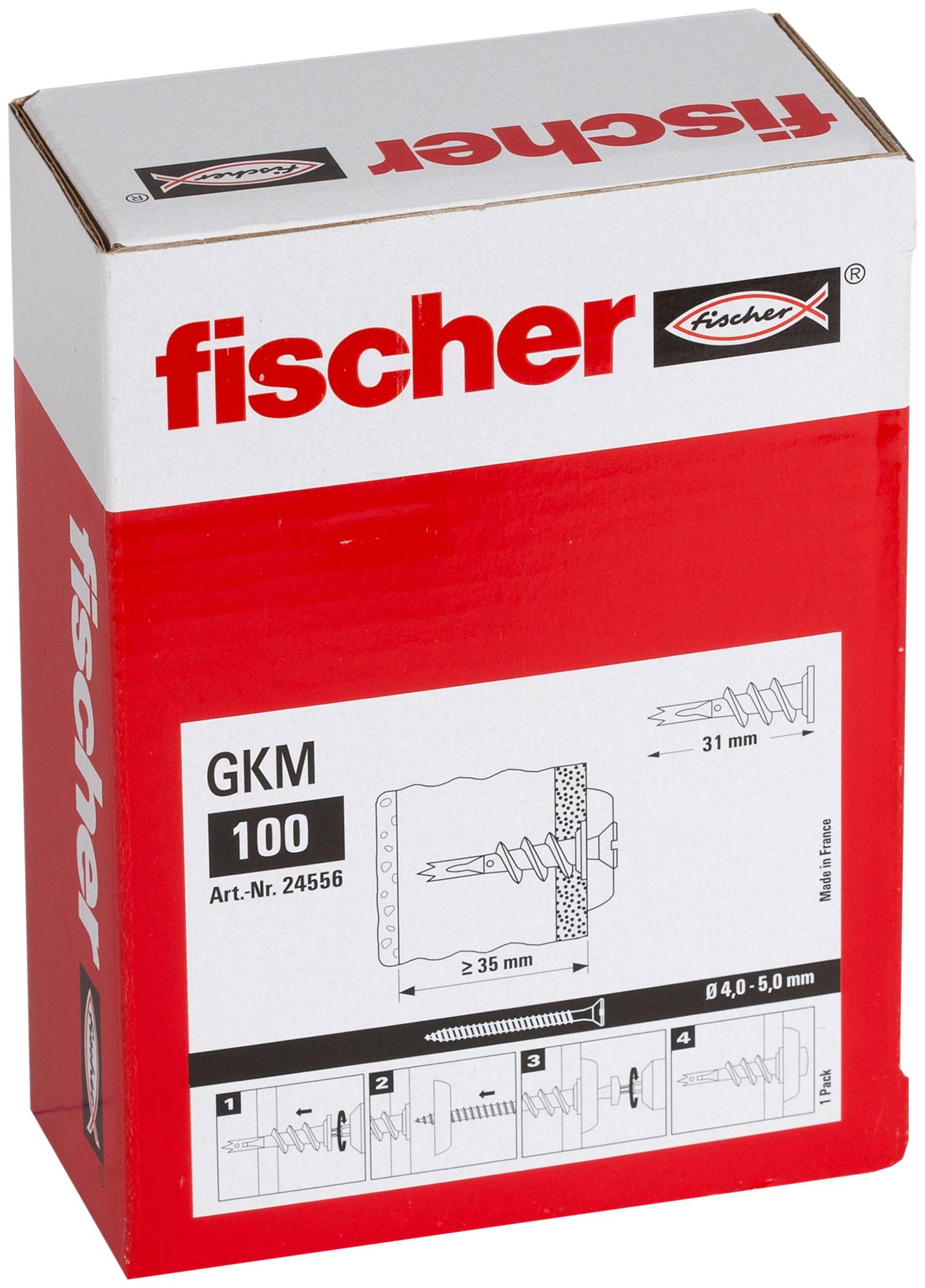 Červená a biela kotviaca krabica Fischer GKM 100 na stenu s diagramom produktu a inštrukciami na inštaláciu na prednej strane.