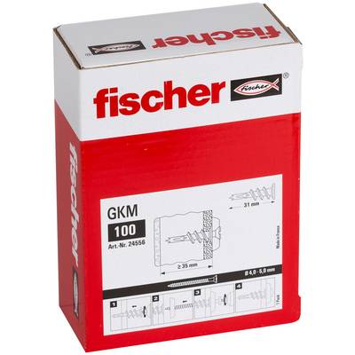 Červená a biela kotviaca krabica Fischer GKM 100 na stenu s diagramom produktu a inštrukciami na inštaláciu na prednej strane.