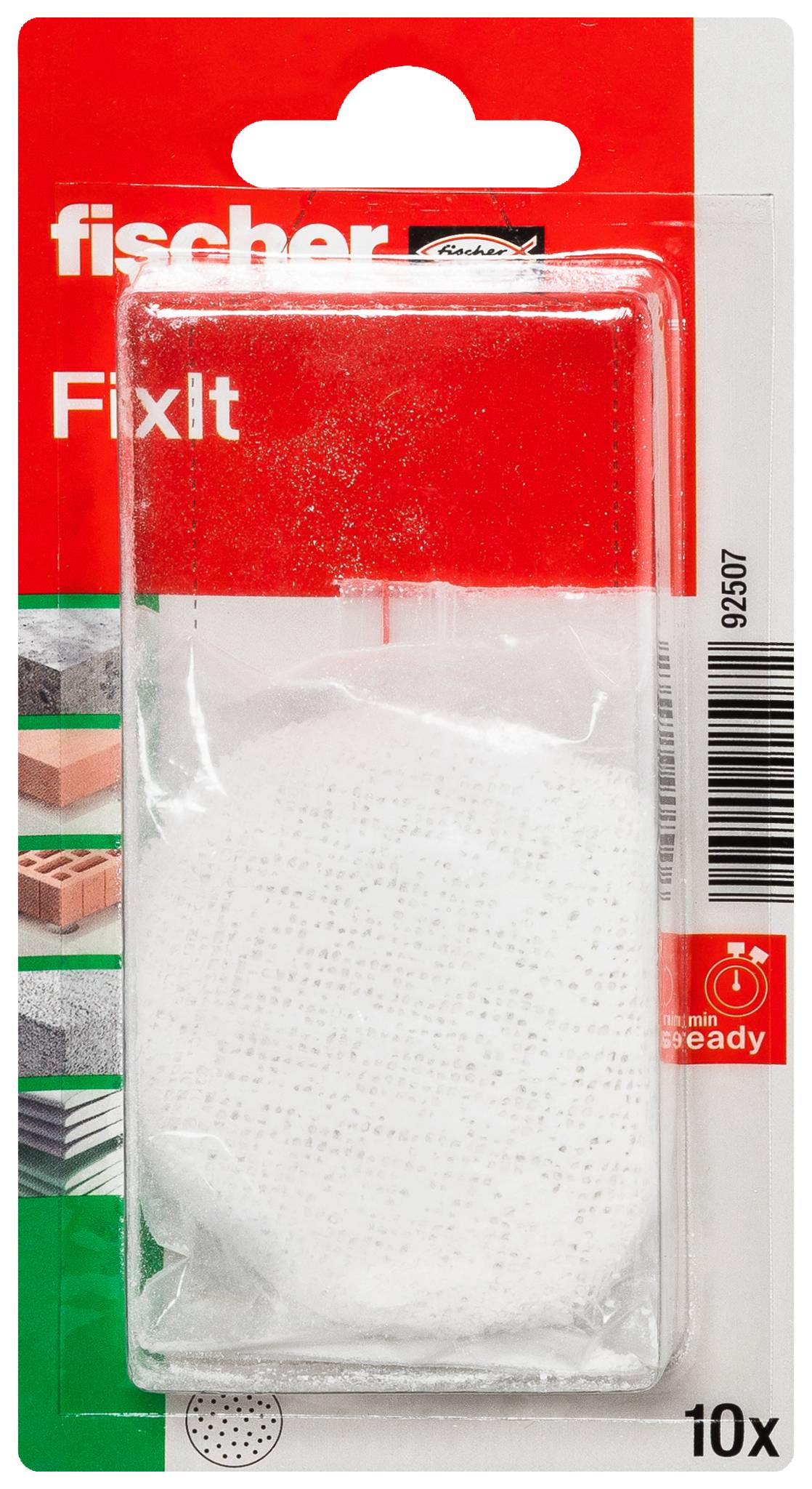 Balenie pre Fischer FixIt kotvovacia zástrčka do steny alebo opravárenský produkt, zobrazujúce priehľadný plastový blistorový obal s bielym obsahom a označením množstva "10x".