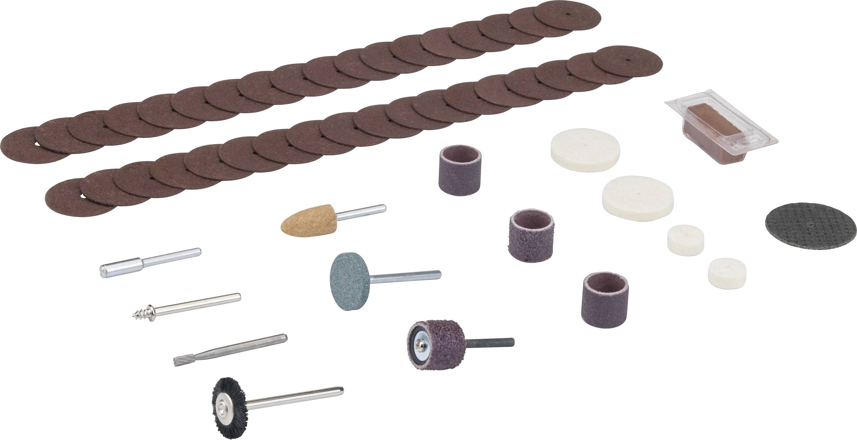 Rôzne brúsne a leštiace nástavce v rôznych tvaroch a veľkostiach zobrazené na bielom pozadí.