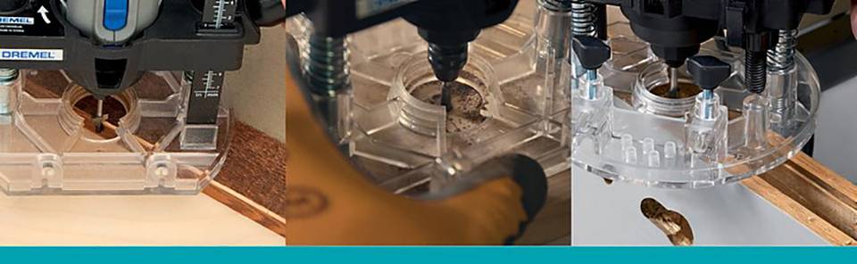 Tri obrázky frézovacej mašiny v akcii, zobrazujúce frézovacie hlavy a kroky opracovania dreva.