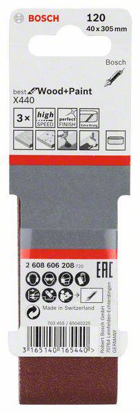 Balenie brúsneho papiera Bosch pre drevo a farbu, zrnitosť 120, rozmery 40 x 305 mm, vyrobené vo Švajčiarsku, 3 kusy.