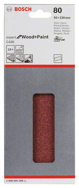 Brúsny papier Bosch pre drevo a farbu, zrnitosť 80, 10 listov, 93 x 230 mm, vhodný pre rôzne značky ako Black & Decker a Festool.