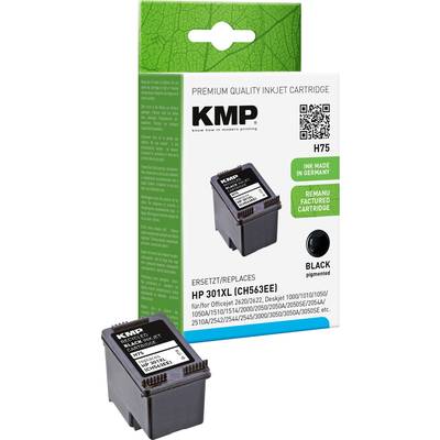 Atramentová kazeta KMP H75 v čiernej farbe, kompatibilná s HP 301 XL. Obsahuje informácie o trvalo udržateľnej výrobe v Nemecku.