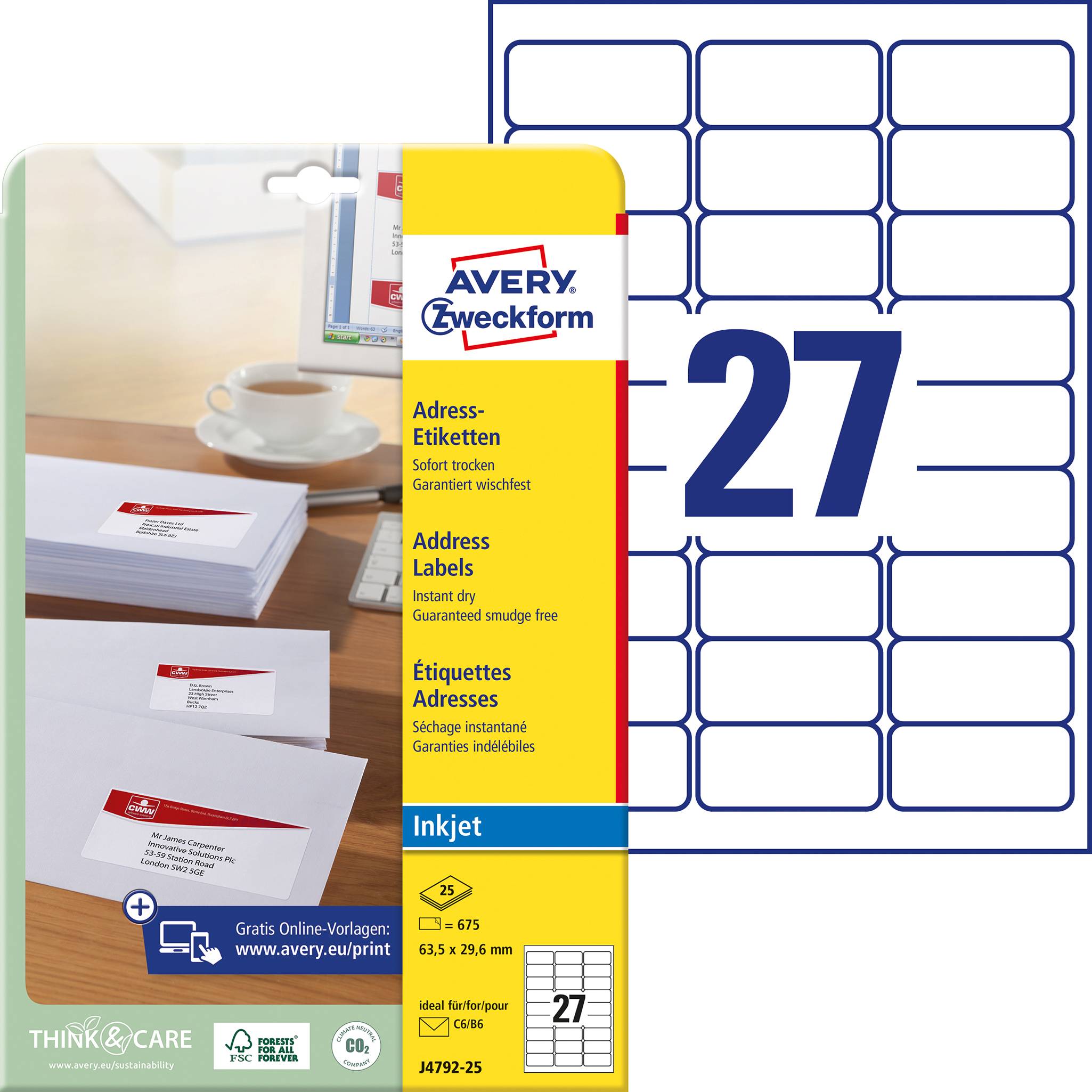 'Avery Zweckform adresné etikety, 27 etikiet na hárku, rýchnoschnúce, vopred vysekávané obdĺžniky, biele pre atramentové tlačiarne.'
