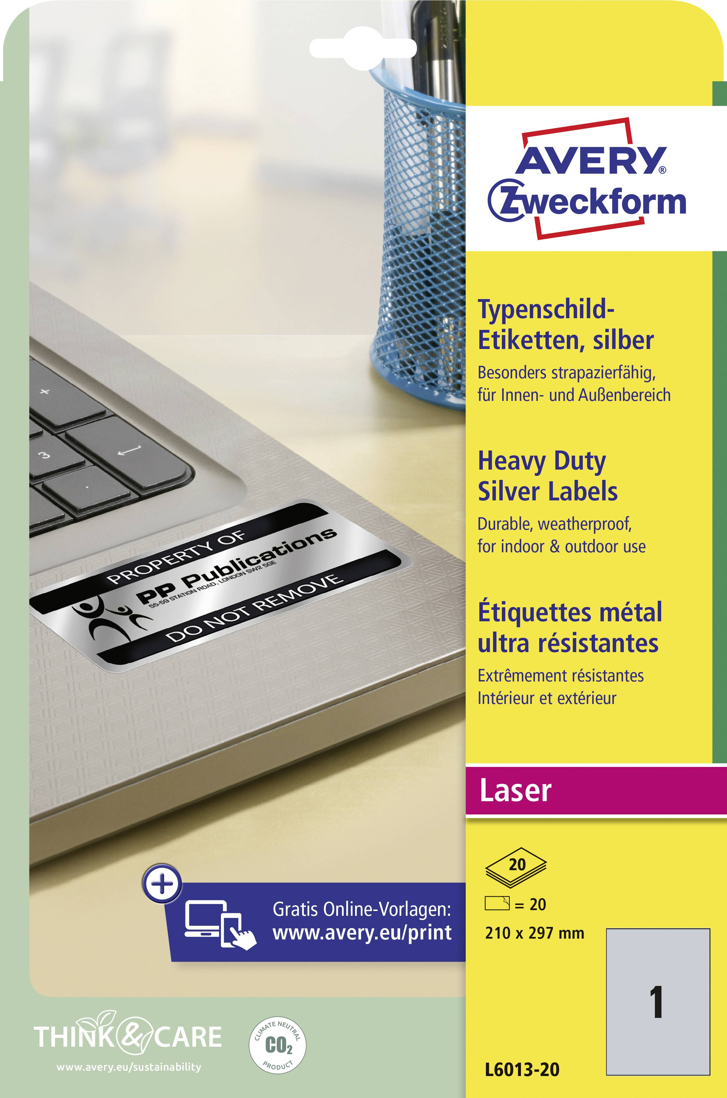 Etikety na označovanie, strieborné, odolné a odolné voči poveternostným vplyvom pre vnútorné a vonkajšie použitie. Formát: 210 x 297 mm. Avery Zweckform.