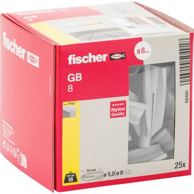 Krabica s nylonový dyblov Red Fischer GB 8, označená "8 mm" a "25x", s produktom viditeľným cez predný otvor.