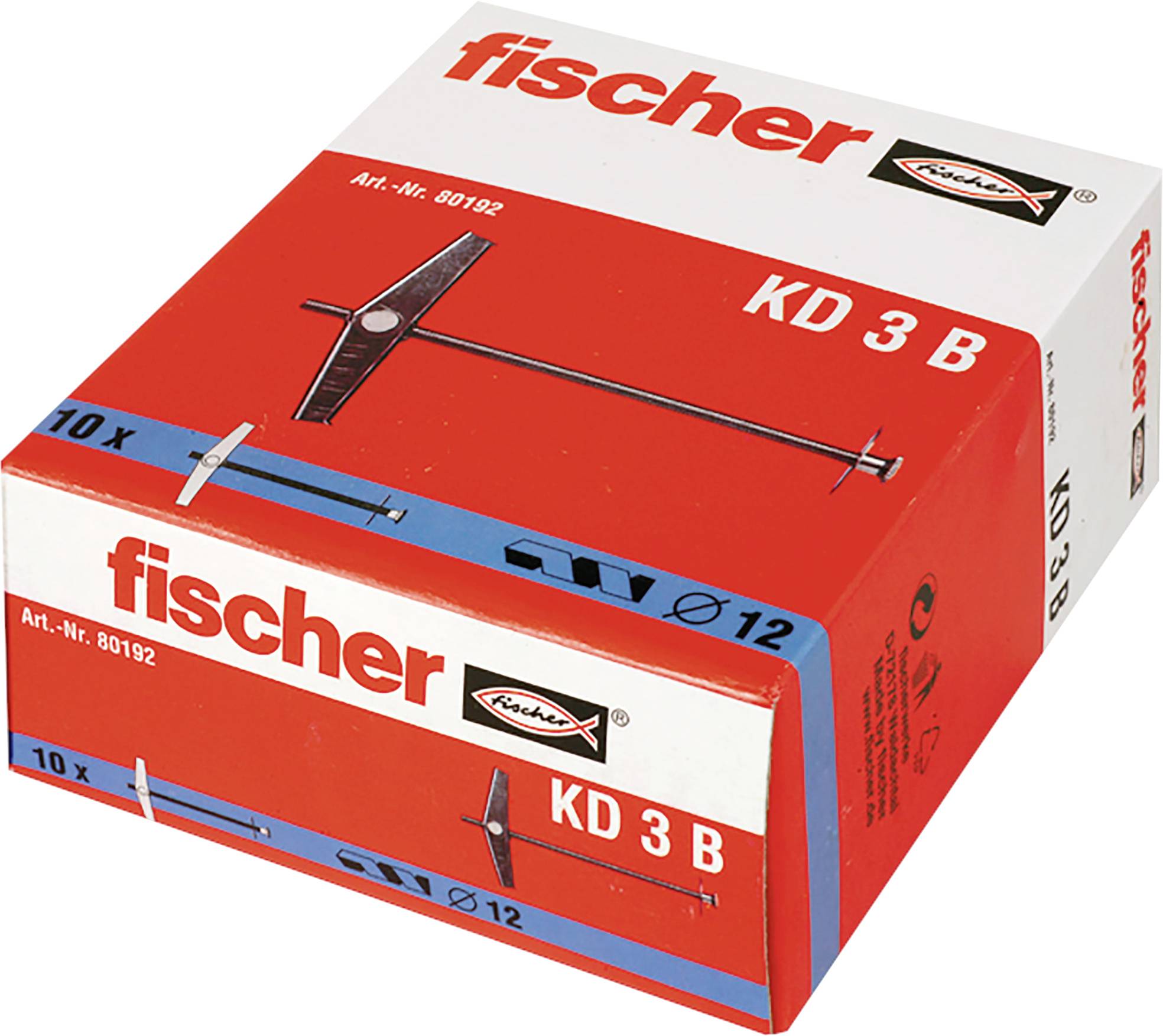 Balenie krabičky Red Fisher KD 3 B na 10 kotiev, označené „fischer" a „KD 3 B" s obrázkom produktu a označením veľkosti „Ø12".