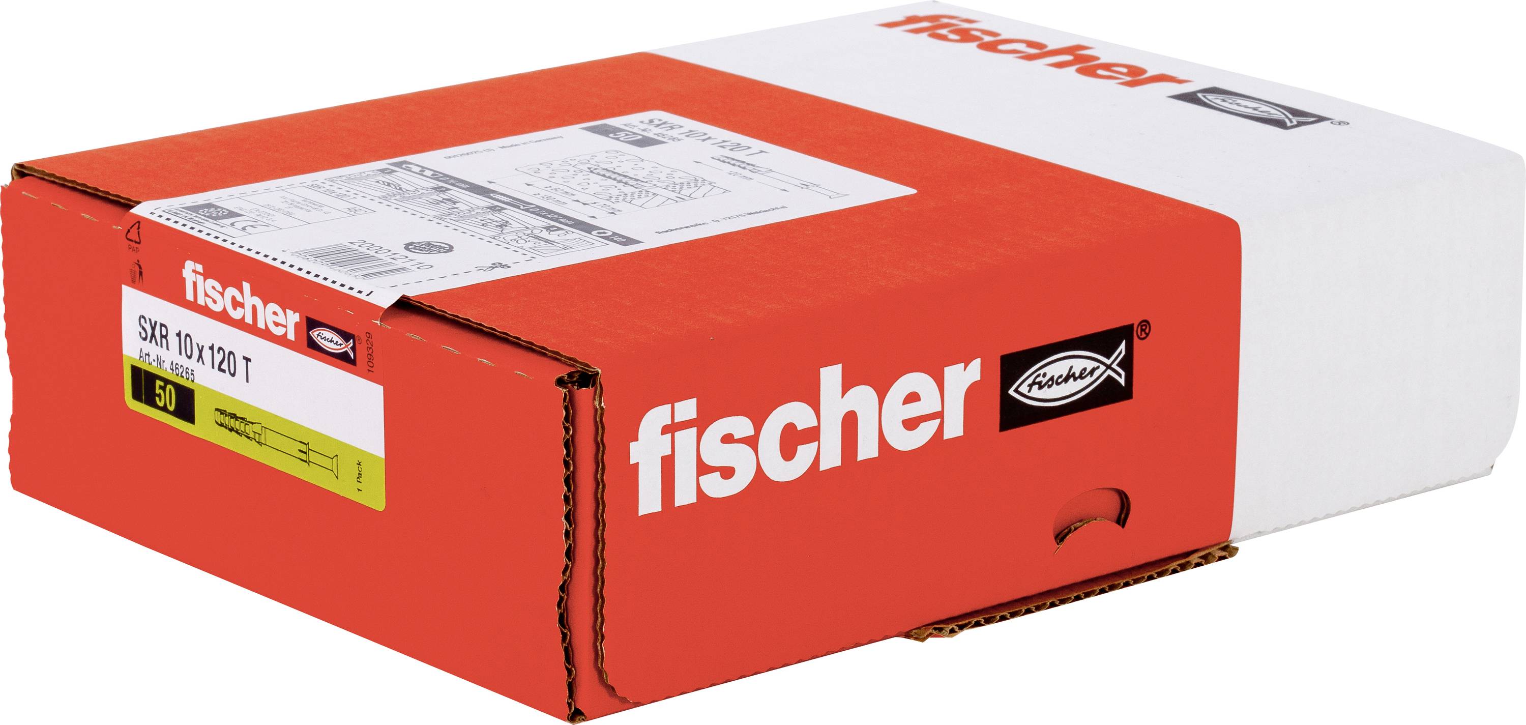Krabica produktu značky Fischer v červenej a bielej farbe na SXR 10x120 kotviace zástrčky alebo kotvy, zobrazená zatvorená na bielom pozadí.