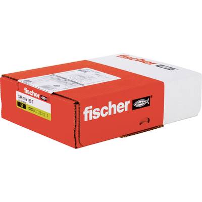 Krabica produktu značky Fischer v červenej a bielej farbe na SXR 10x120 kotviace zástrčky alebo kotvy, zobrazená zatvorená na bielom pozadí.