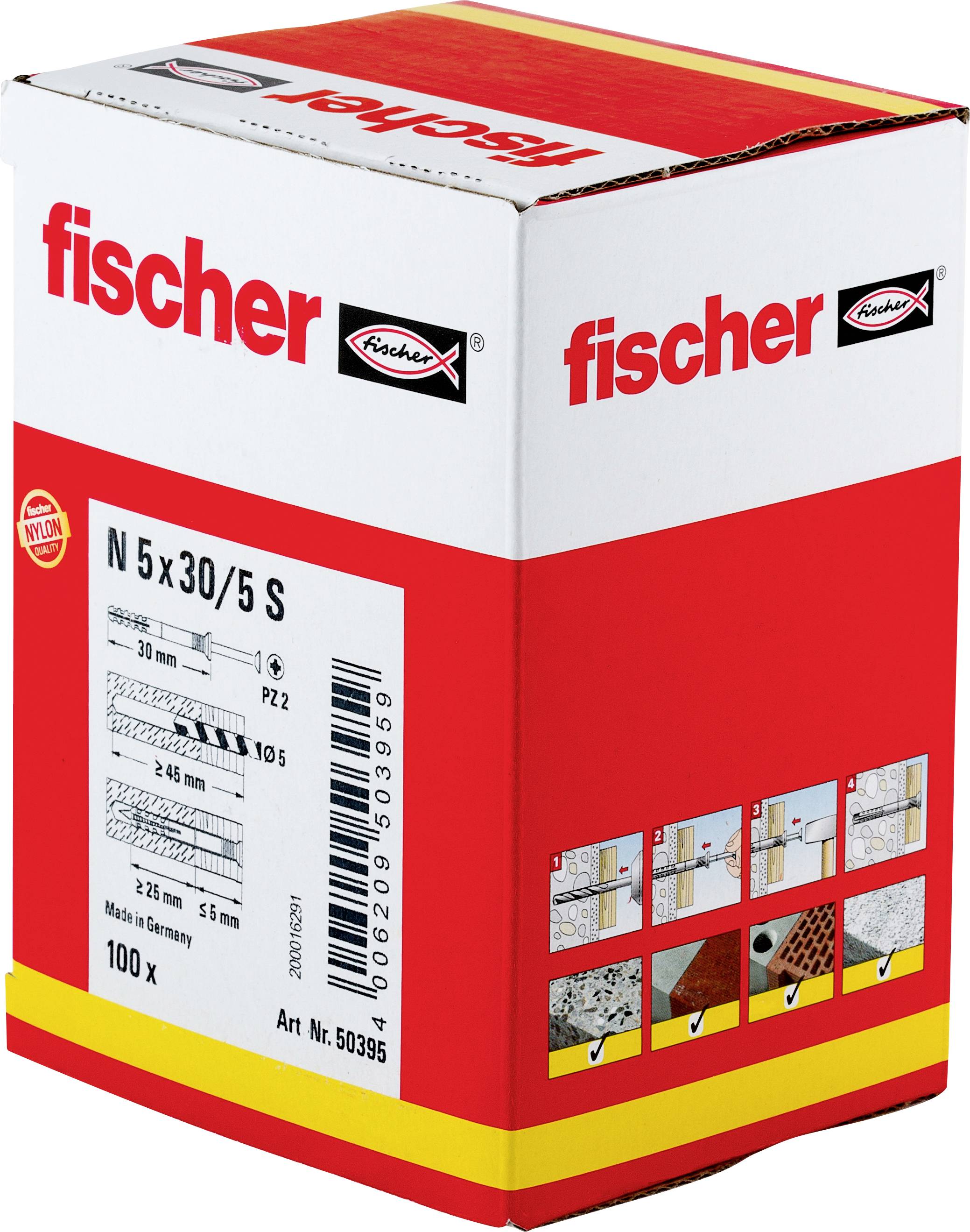 Krabica s Fischer skrytými kotvami/skrutkami označená „N 5 x 30/5 S", s podrobnými informáciami o produkte a množstvom 100 kusov.