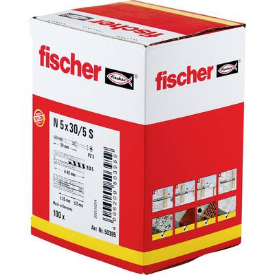 Krabica s Fischer skrytými kotvami/skrutkami označená „N 5 x 30/5 S", s podrobnými informáciami o produkte a množstvom 100 kusov.