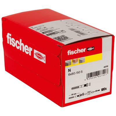 Červená krabica Fischer na stenu Fischer N 6x80/50 S hmoždinky, označená 100x, zobrazená na bielom pozadí.