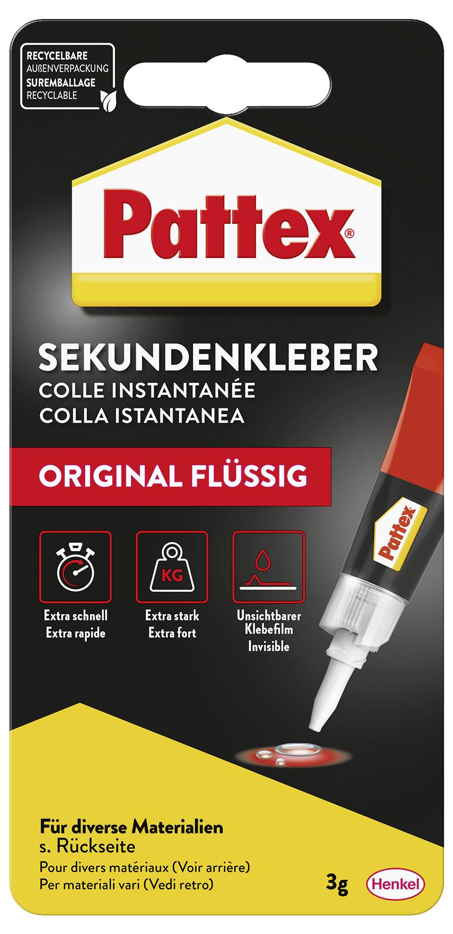 Balenie pre Pattex 'Original Flüssig' sekundové lepidlo. Tvrdenia zahŕňajú 'extra rýchlo', 'extra silné', 'neviditeľný lepený film'. Obsahuje 3g.