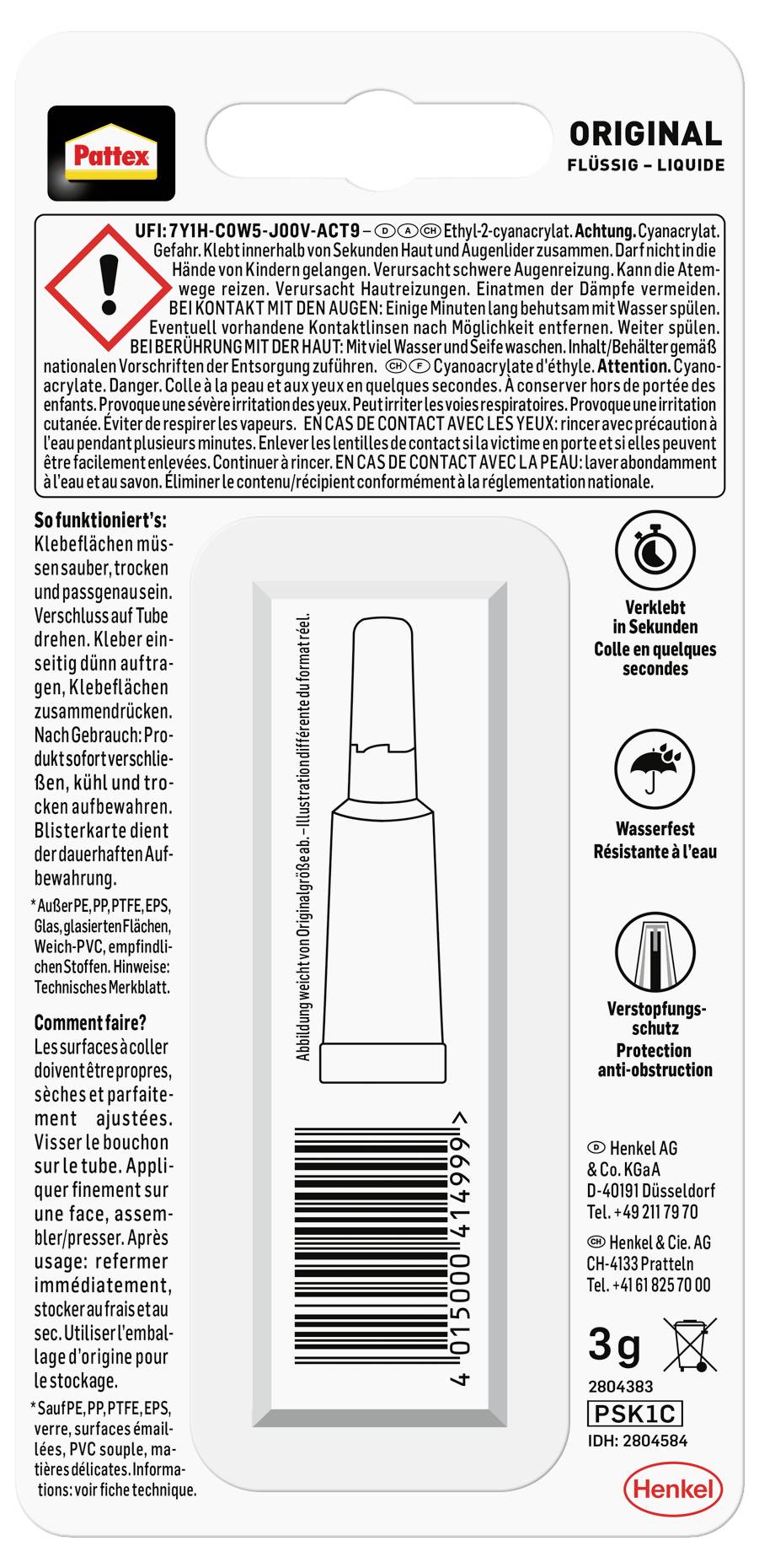 Obrázok zobrazuje balenie Pattex originálneho tekutého sekundového lepidla, ktoré obsahuje pokyny na použitie, bezpečnostné upozornenia a informácie o výrobku v textovej a symbolickej forme.