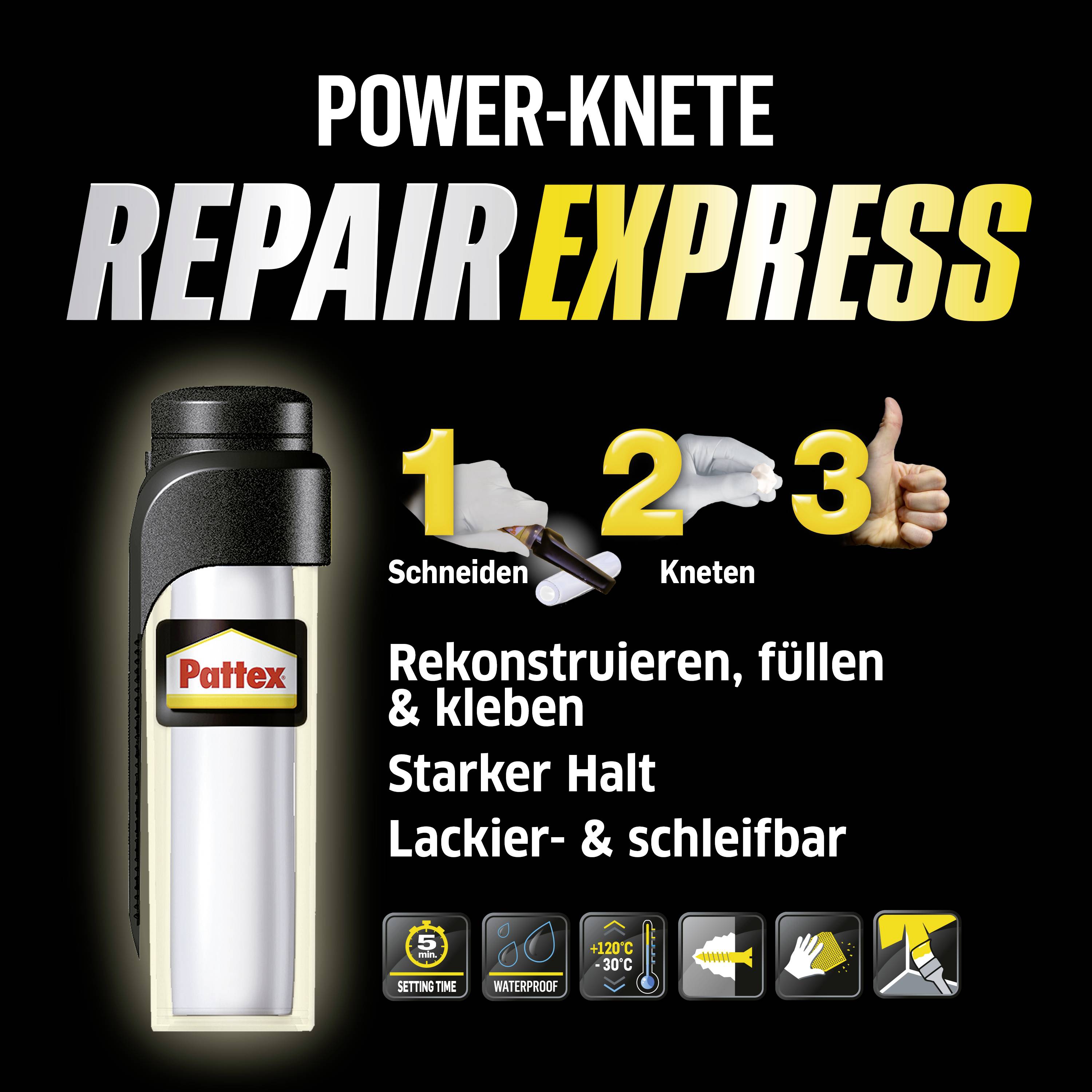 'Power-Knete Oprava Express' od Pattexu, zobrazuje obrázky použitia v troch krokoch: strihať, hniesť, aplikovať. Text: Rekonštruovať, plniť a lepiť, silné uchytenie, natierateľné a brúsiteľné.