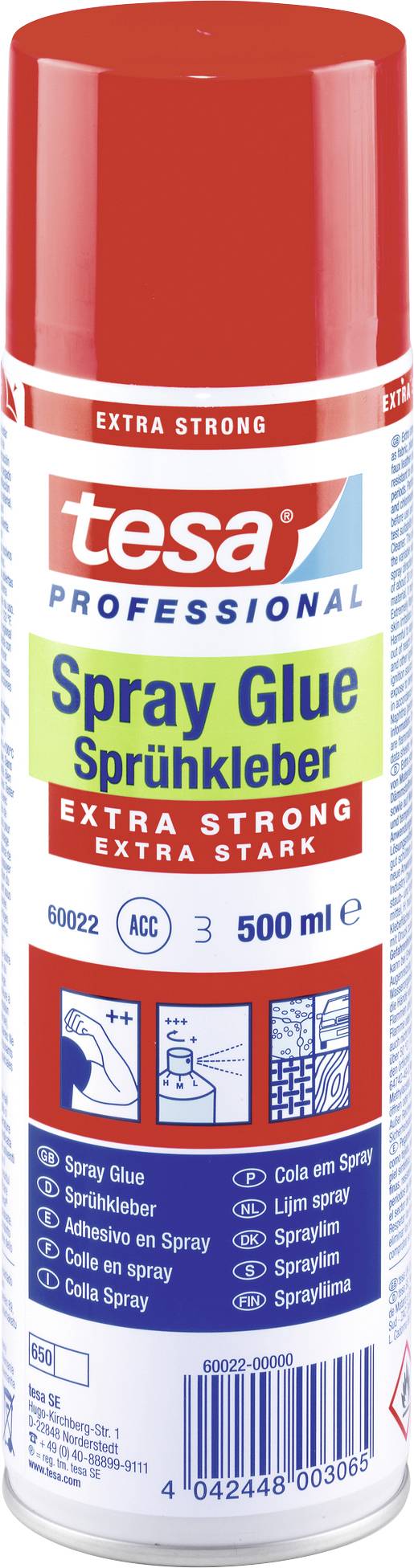 Dóza s 'tesa professional sprejovým lepidlom', extra silná, 500 ml. Červený uzáver, vhodná pre rôzne materiály.
