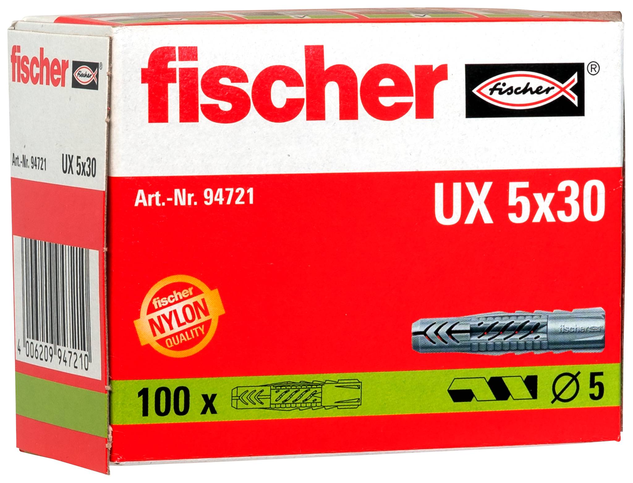 Balička na Fischer UX 5x30 nylónové hmoždinky na stenu, označená '100 x' a 'Art.-č. 94721', s obrázkom produktu na prednej strane.