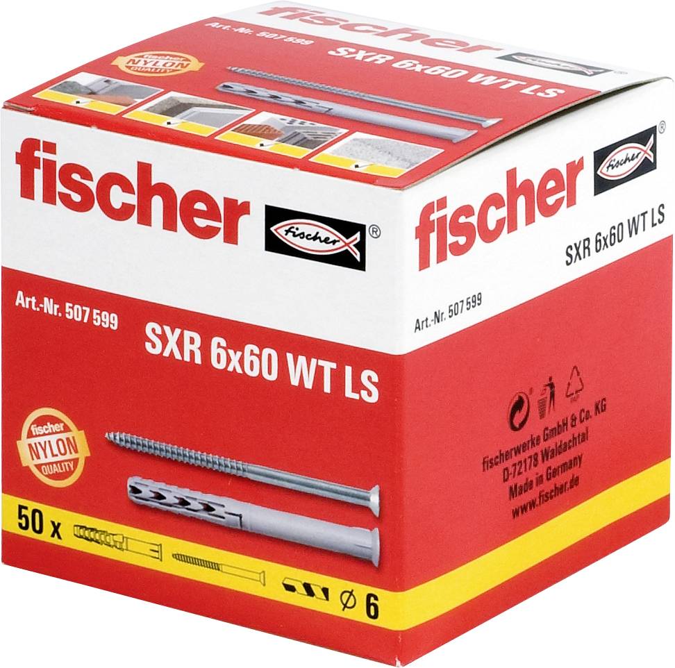 Krabica plastových hmoždiniek fischer SXR 6x60 WT LS, zobrazujúca balenie 50 kusov a veľkosť skrutky ø6.