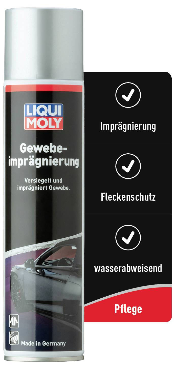 'LIQUI MOLY Impregnácia tkanín' sprej a infografika ukazujú výhody: impregnácia, ochrana pred škvrnami, odpudzujúci vodu. Vyrobené v Nemecku.