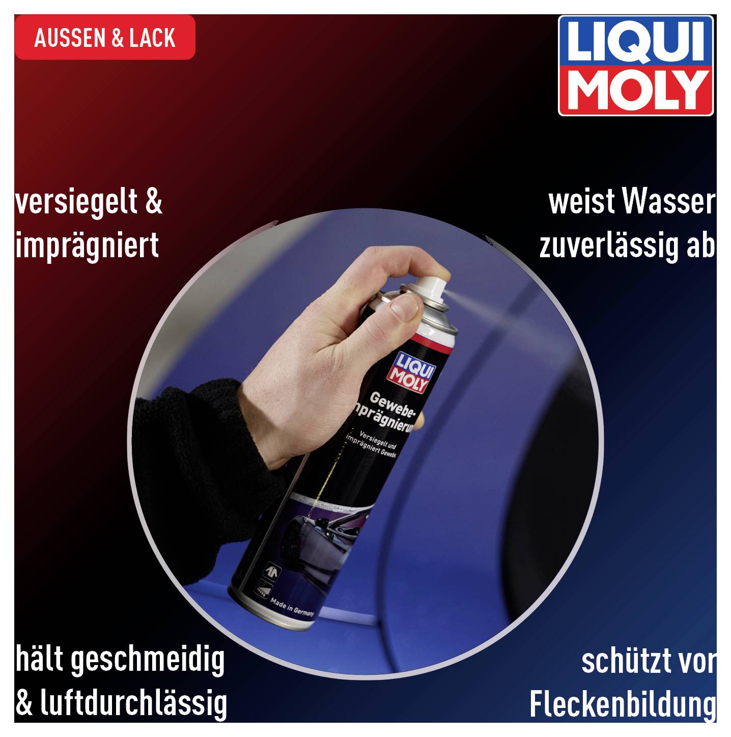 Produkt 'Liqui Moly', ruka drží sprej s textom: utesňuje, impregnuje, odpudzuje vodu, udržuje pružnosť, chráni pred škvrnami.