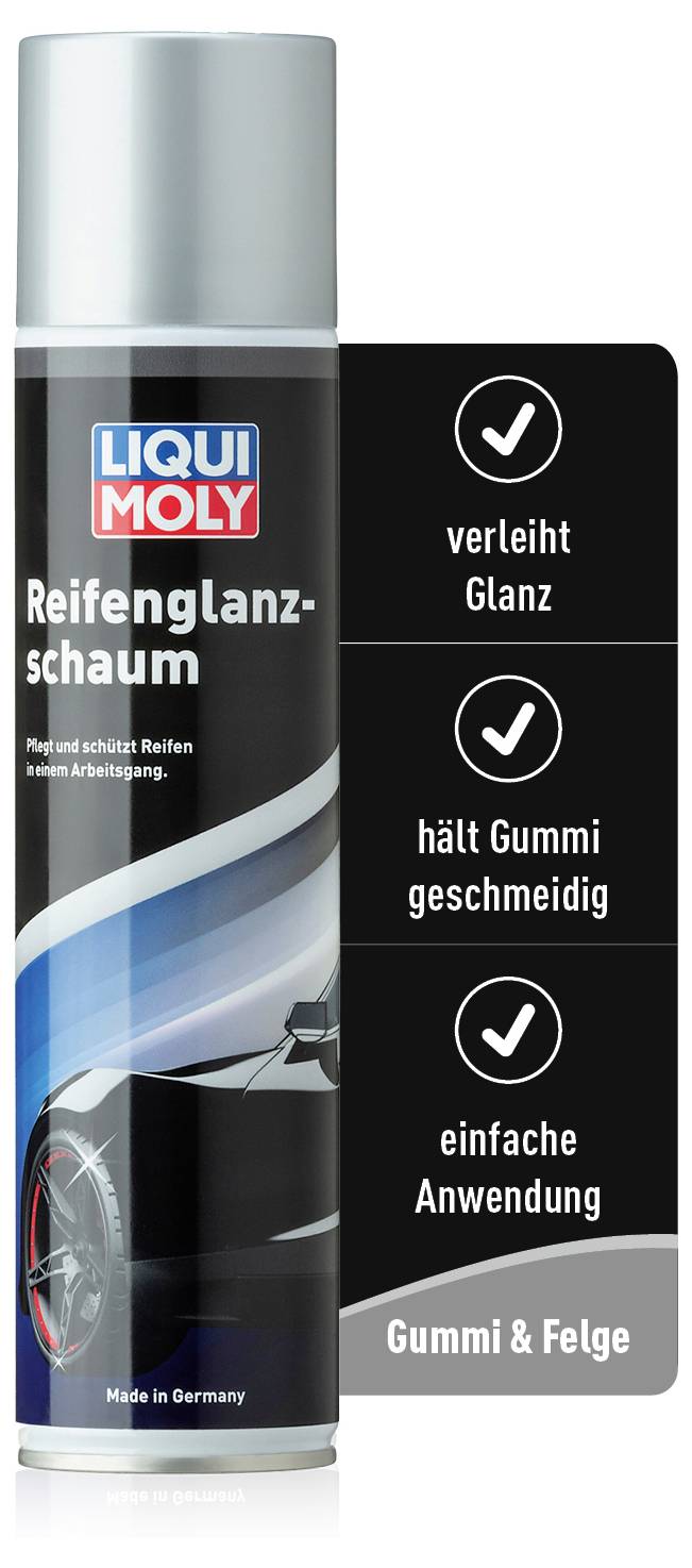Sprej 'LIQUI MOLY Lesk na pneumatiky'. Text: 'dodáva lesk', 'udržiava gumu pružnú', 'jednoduché použitie'. Vhodné pre pneumatiky a ráfiky.